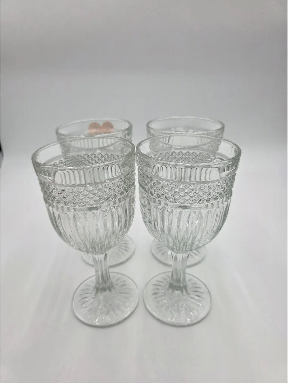 Set of 4 Clear Vintage Patterned Glass Goblets